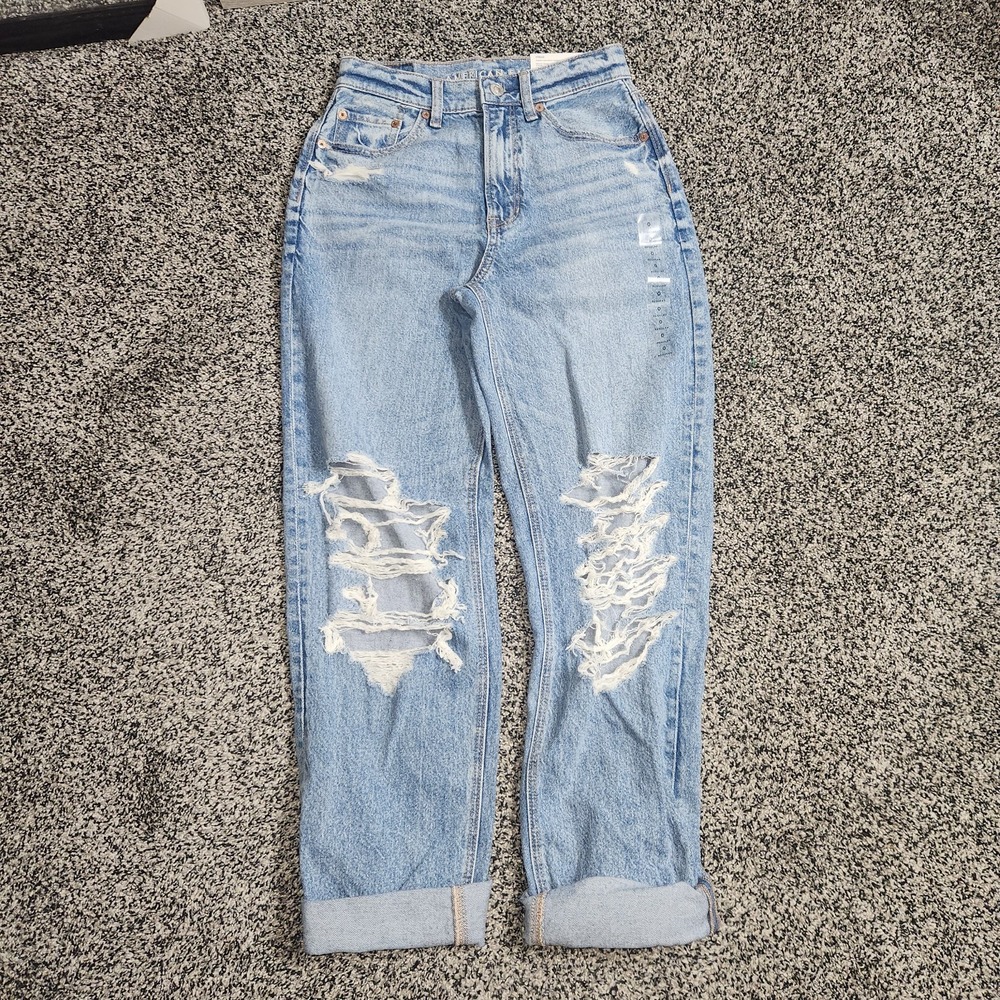 American Eagle Highest Rise Baggy Straight Jeans Strigid Destressed Grunge Sz 0